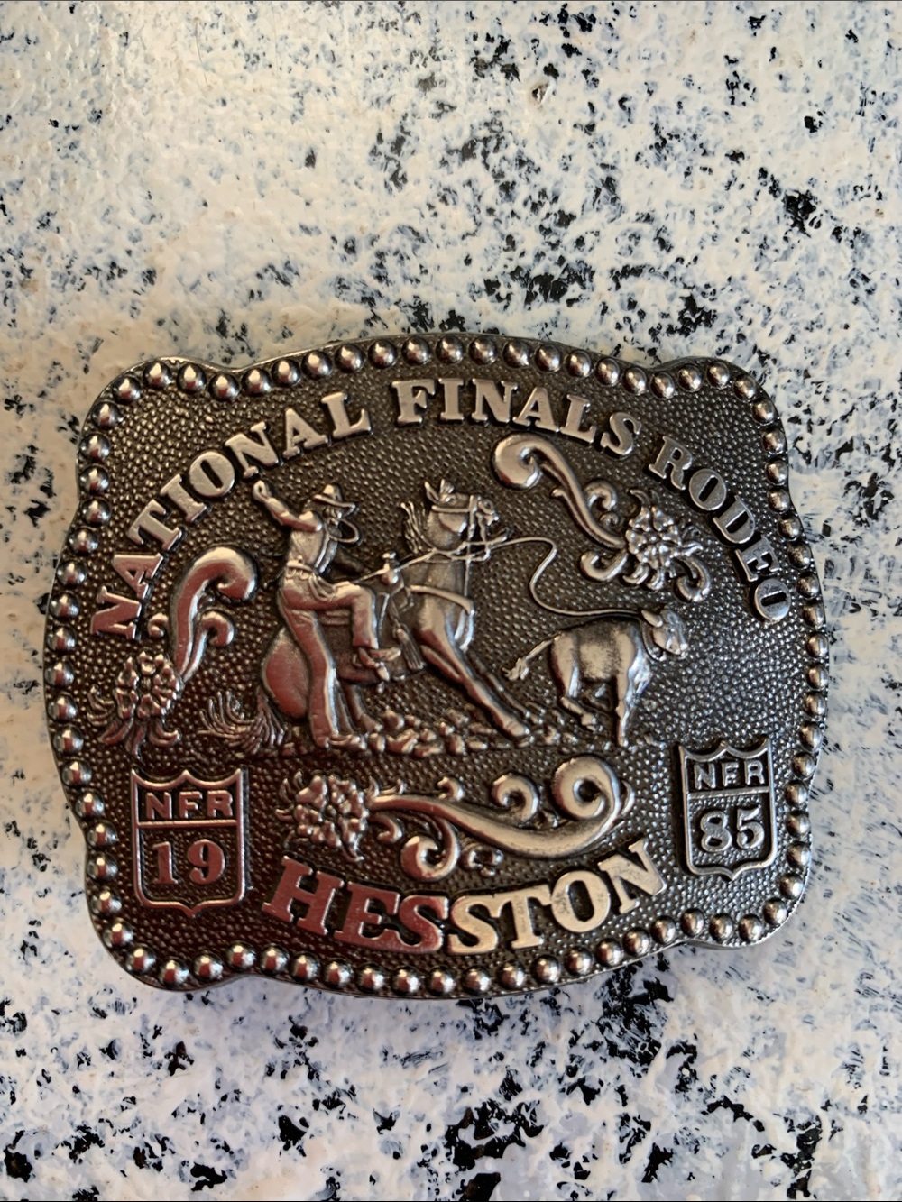 Hesston NFR National Finals Rodeo 1985 Belt buckle scarf slide
